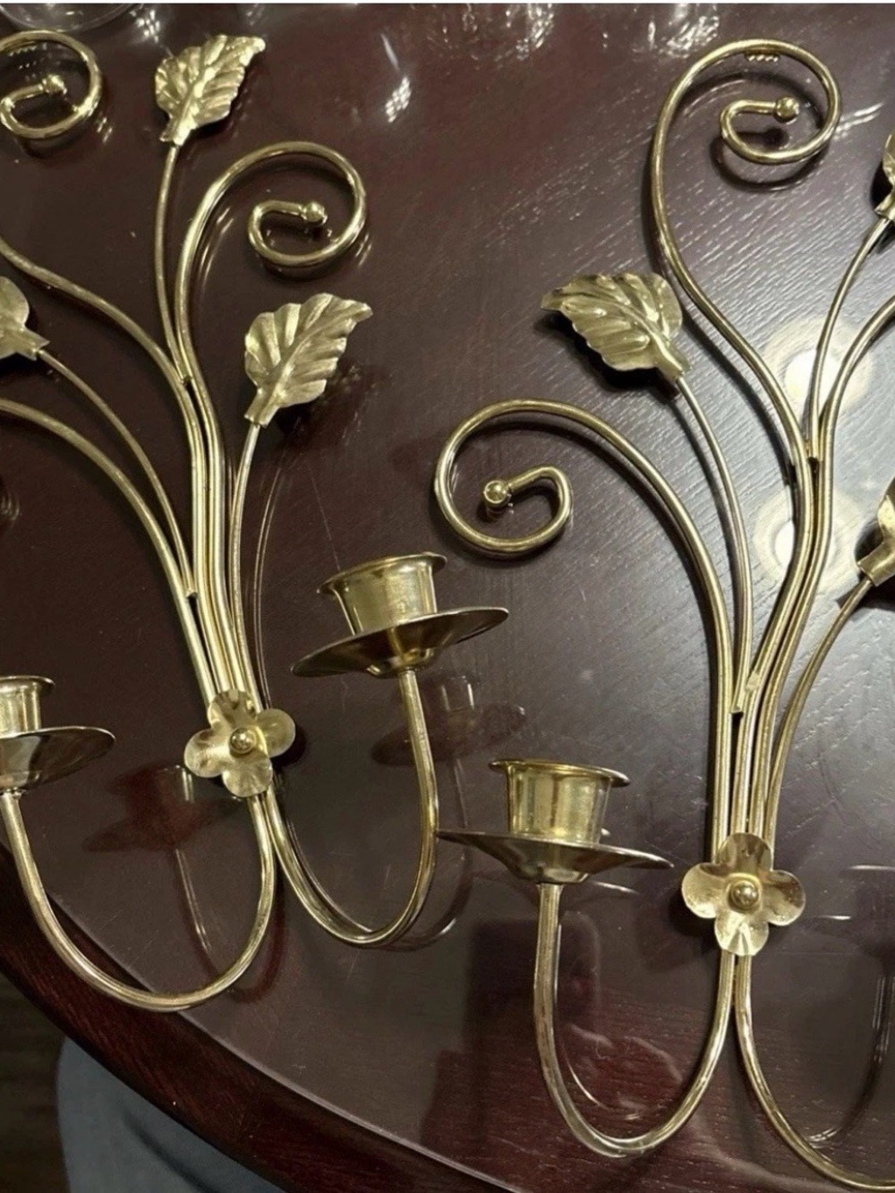 Vintage Brass Home Interior Scroll & Leaf Double Candle Wall Sconces